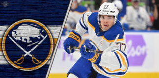 Brenden Dillon checks JJ Peterka in NHL Global Series game.