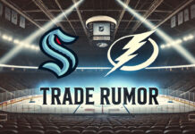 Seattle Kraken and Tampa Bay Lightning logos side-by-side with the words NHL trade rumors below the logos