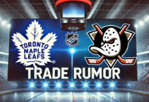Toronto Maple Leafs and Anaheim Ducks logos side-by-side with the words NHL trade rumors below the logos.