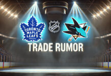 Toronto Maple Leafs and San Jose Sharks logos side-by-side with the words NHL trade rumors below