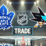 NHL Trade: Toronto Maple Leafs Trade Timothy Liljegren to Sharks for Matt Benning Toronto Maple Leafs and San Jose Sharks logos with the words NHL trade below the logos.