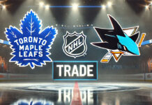 Toronto Maple Leafs and San Jose Sharks logos with the words NHL trade below the logos.