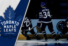 Auston Matthews, Mitch Marner, and William Nylander looking concerned on the Leafs bench.