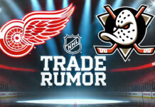 Detroit Red Wings and Anaheim Ducks logos side-by-side with the words NHL trade rumors below the logos