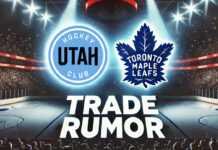 Utah Hockey Club and Toronto Maple Leafs logos side-by-side with the words NHL trade rumors below the logos