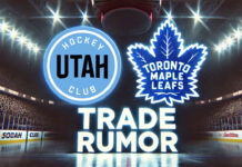 Utah Hockey Club and Toronto Maple Leafs logos side-by-side with the words NHL trade rumors below the text