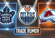 Toronto Maple Leafs, Edmonton Oilers, and Colorado Avalanche logos with the words NHL trade rumors below the logos