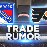 New york Rangers and Philadelphia Flyers logos side-by-side with the words NHL trade rumors below the logos