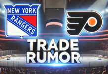 New york Rangers and Philadelphia Flyers logos side-by-side with the words NHL trade rumors below the logos