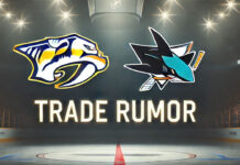 Nashville Predators and San Jose Sharks logo side-by-side with the words NHL trade rumors below the logo