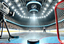 Hockey goal-line view with puck near the goal line, illustrating the debate on NHL goal-line technology