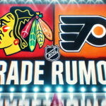 Chicago Blackhawks and Philadelphia Flyers logos side-by-side with the words trade rumor below the logos