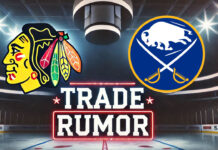 Chicago Blackhawks and Buffalo Sabres logos side-by-side with the words NHL trade rumors below the logos