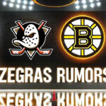Anaheim Ducks and Boston Bruins logos side-by-side with the words Zegras rumors below the logos