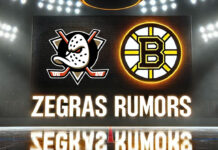 Anaheim Ducks and Boston Bruins logos side-by-side with the words Zegras rumors below the logos