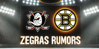 Anaheim Ducks and Boston Bruins logos side-by-side with the words Zegras rumors below the logos