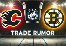 Calgary Flames and Boston Bruins logos with the words NHL trade rumors below the logos