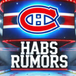 An image of the Montreal Canadiens logo prominently displayed in the center of a hockey arena. The background features a detailed ice rink, dimly lit stands filled with faintly visible spectators, and bright spotlights illuminating the logo, creating a dramatic and focused effect.