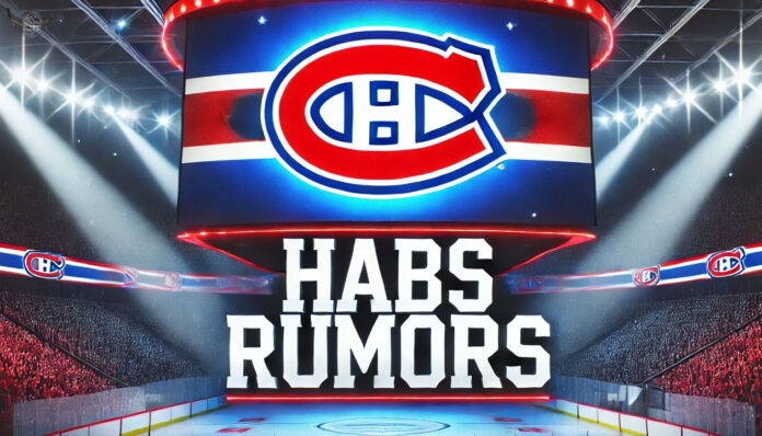 Is Lane Hutson the Catalyst for a Trade? An image of the Montreal Canadiens logo prominently displayed in the center of a hockey arena. The background features a detailed ice rink, dimly lit stands filled with faintly visible spectators, and bright spotlights illuminating the logo, creating a dramatic and focused effect.