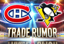 Montreal Canadiens and Pittsburgh Penguins logos side-by-side with the words NHL trade rumors below the logo