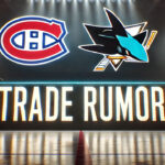 Montreal Canadiens and San Jose Sharks logos side-by-side with the words NHL trade rumors below the logos