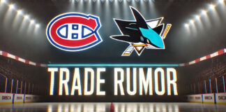 Montreal Canadiens and San Jose Sharks logos side-by-side with the words NHL trade rumors below the logos