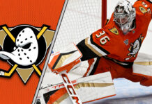 Anaheim Ducks goaltender John Gibson in action during an NHL game