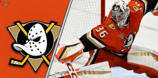 Anaheim Ducks goaltender John Gibson in action during an NHL game