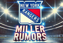 New York Rangers logo with the words K'Andre Miller rumors below the logo