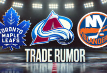 Toronto Maple Leafs, Colorado Avalanche, and New York Islanders logos with the words NHL trade rumors below the logos