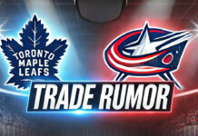 Toronto Maple Leafs and Columbus Blue Jackets logos with the words NHL trade rumors below the logos.