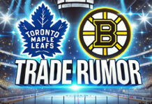 Toronto Maple Leafs logo beside the Boston Bruins logo with the words NHL trade rumors below the logos