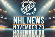 Image showcasing NHL News November 20, featuring the NHL logo prominently displayed alongside dynamic hockey action, symbolizing the excitement and highlights of recent games.