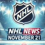 NHL News: November 21, 2024 An image of the NHL logo prominently displayed with the words 'NHL News November 21' written in bold letters beneath it. The background is a wide, panoramic view of a hockey arena illuminated by bright spotlights, with the crowd barely visible in the shadows. The scene features cool-toned lighting and icy textures, emphasizing the sporty and dynamic atmosphere.
