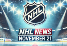 An image of the NHL logo prominently displayed with the words 'NHL News November 21' written in bold letters beneath it. The background is a wide, panoramic view of a hockey arena illuminated by bright spotlights, with the crowd barely visible in the shadows. The scene features cool-toned lighting and icy textures, emphasizing the sporty and dynamic atmosphere.
