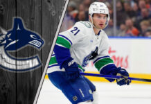 Nils Hoglander skating with the puck during a Vancouver Canucks game