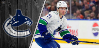 Nils Hoglander skating with the puck during a Vancouver Canucks game