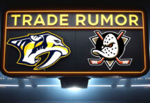 Nashville Predators, Anaheim Ducks logos with the words NHL trade rumors above the logos