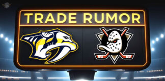 Nashville Predators, Anaheim Ducks logos with the words NHL trade rumors above the logos