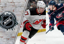 David Jiricek and Simon Nemec in a split image with Columbus Blue Jackets and New Jersey Devils logos.