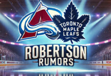 Colorado Avalanche and Toronto Maple Leafs logos side-by-side with the words Nick Robertson rumors below the logos