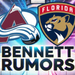 Colorado Avalanche and Florida Panthers logo side-byside with the words Sam Bennett rumors below the logos