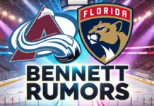 Colorado Avalanche and Florida Panthers logo side-byside with the words Sam Bennett rumors below the logos