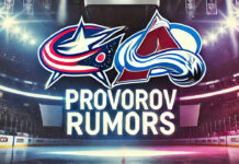 Columbus Blue Jackets and Colorado Avalanche logos side-by-side with the words Provorov rumors below the logos