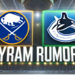 Vancouver Canucks Rumors: Eyeing Bowen Byram from the Sabres? Buffalo Sabres and Vancouver Canucks logos side-by-side with the words Byram rumors below the logos