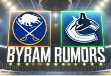 Buffalo Sabres and Vancouver Canucks logos side-by-side with the words Byram rumors below the logos