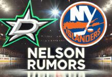 Dallas Stars and New York Islanders logos side-byside with the words Nelson rumors below the logos