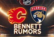 Calgary Flames and and Florida Panthers logos side-by-side with the words Bennett rumors below the logos