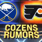 Philadelphia Flyers Eyeing Dylan Cozens in Potential Trade Buffalo Sabres and Philadelphia Flyers logos with the words Cozens rumors below the logos