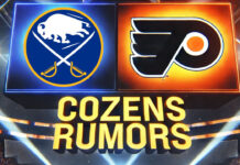 Buffalo Sabres and Philadelphia Flyers logos with the words Cozens rumors below the logos